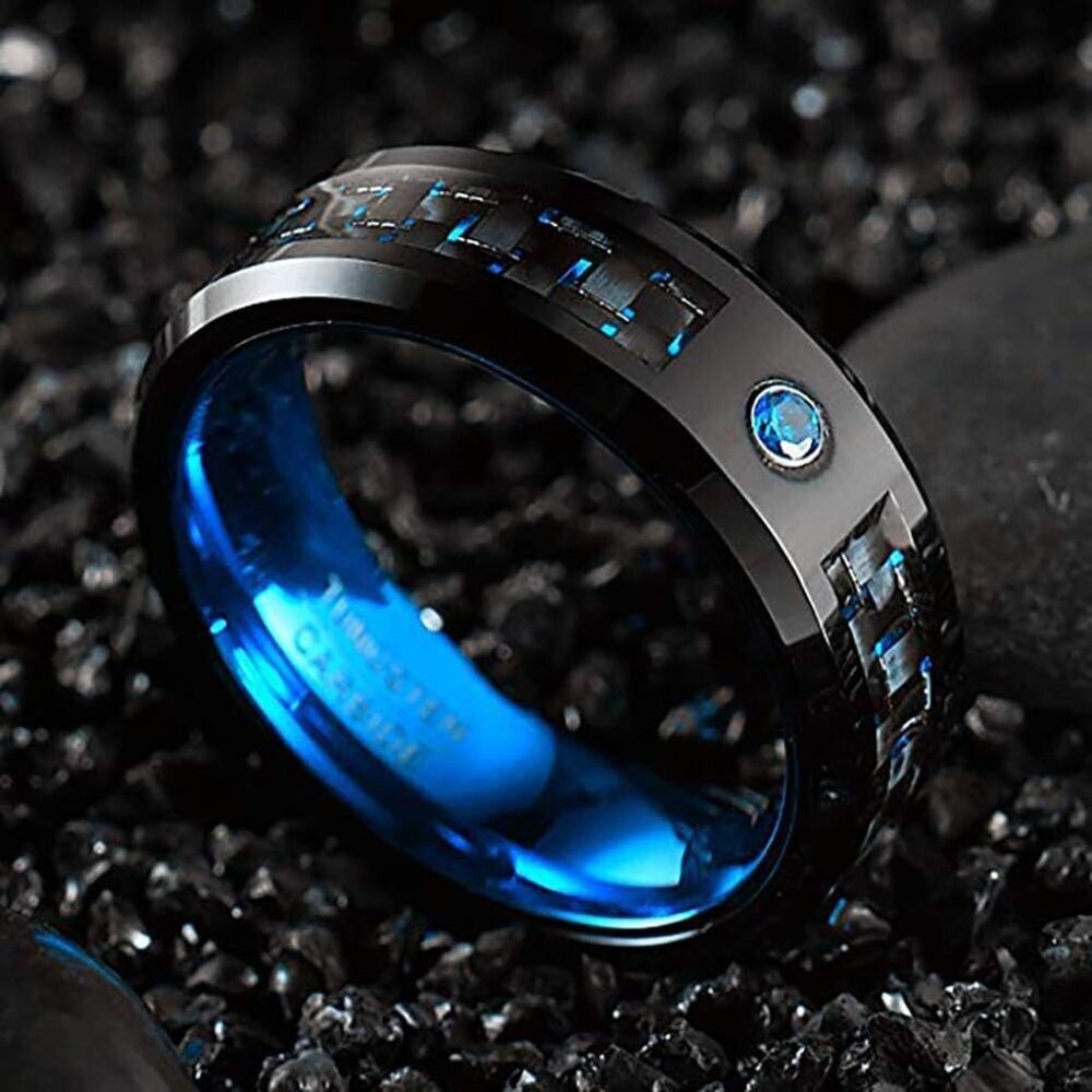 Men's Tungsten Carbide Ring 8mm Black Blue Wedding Band Comfort Fit - Picture 3 of 8